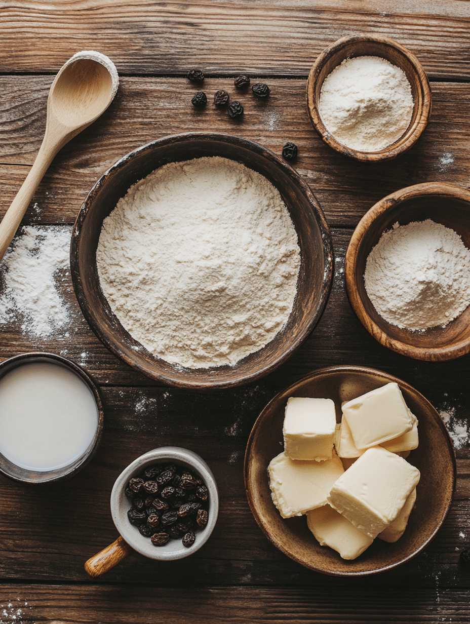  ingredients for mary o's irish soda bread scones recipe on wood table
