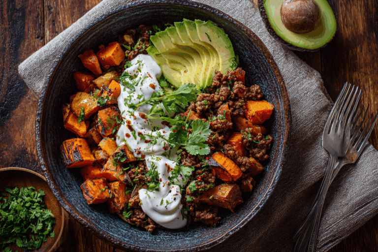 Ground beef and sweet potato bowl with toppings