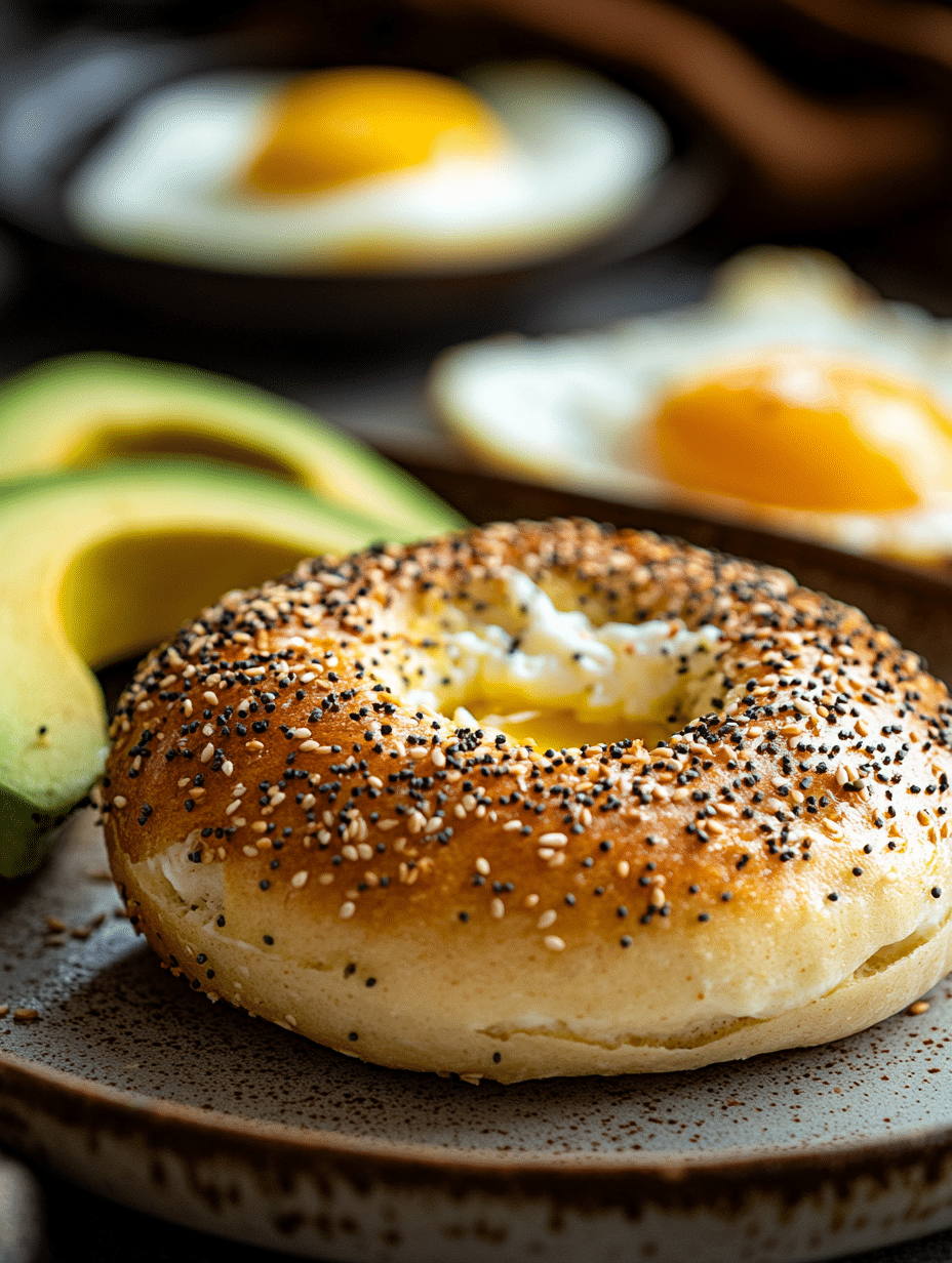 Close-up of golden cottage cheese bagel with everything seasoning