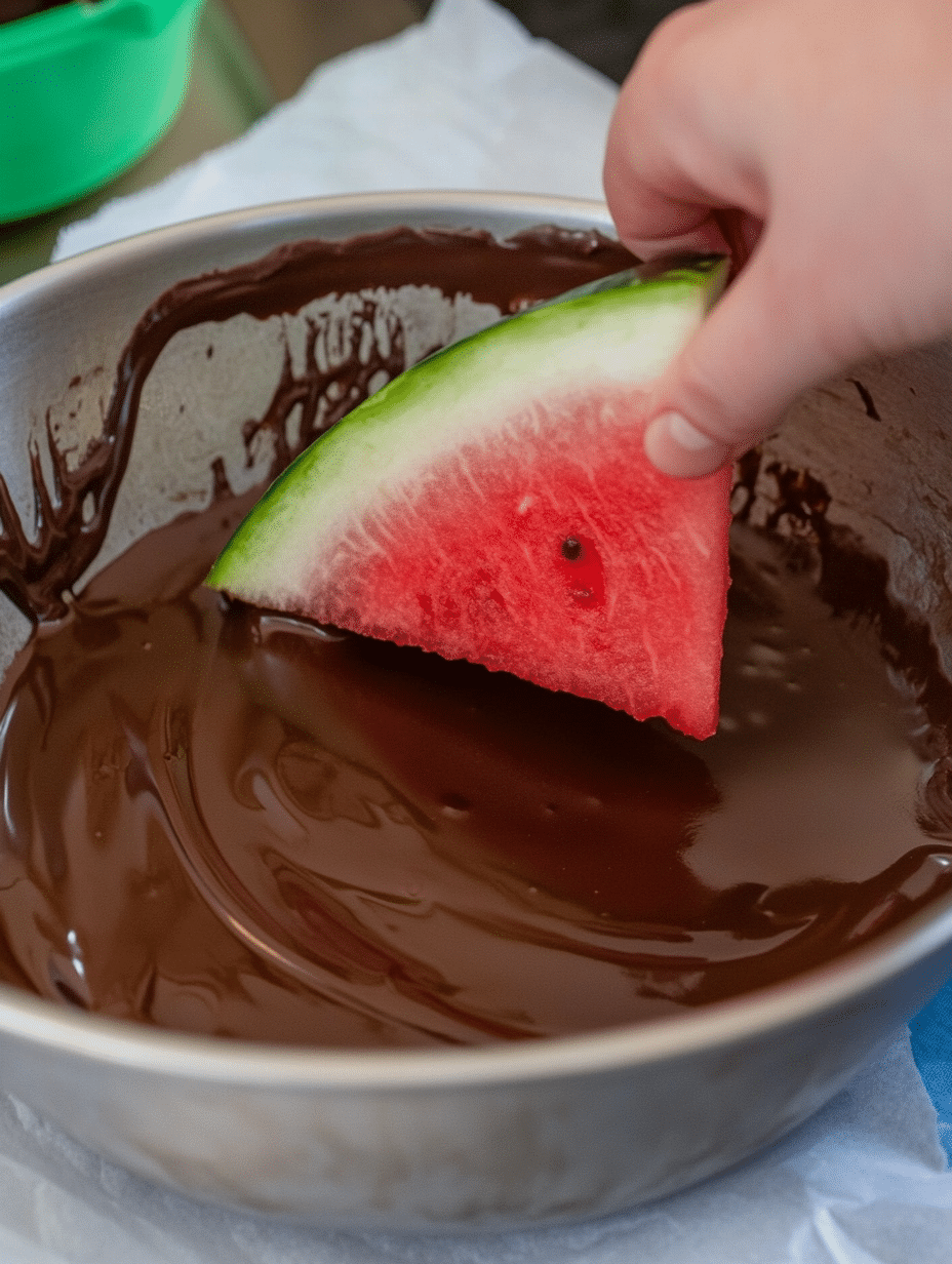 Dipping watermelon into melted chocolate
