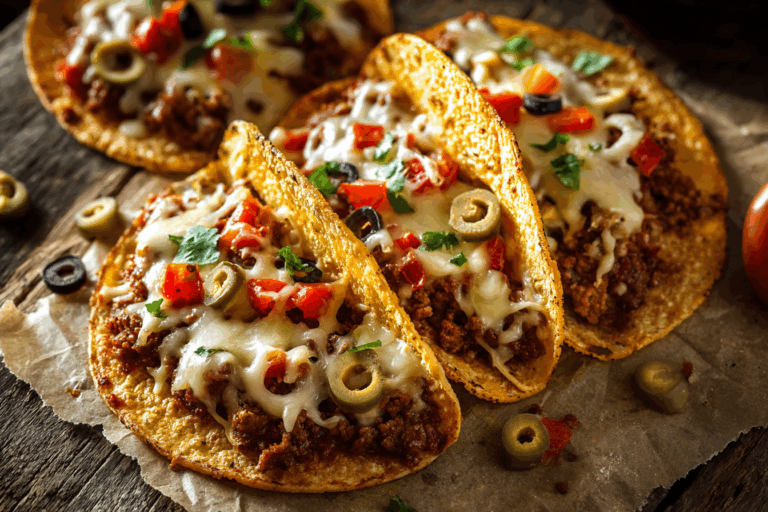 Homemade pizza tacos with melted cheese and taco toppings