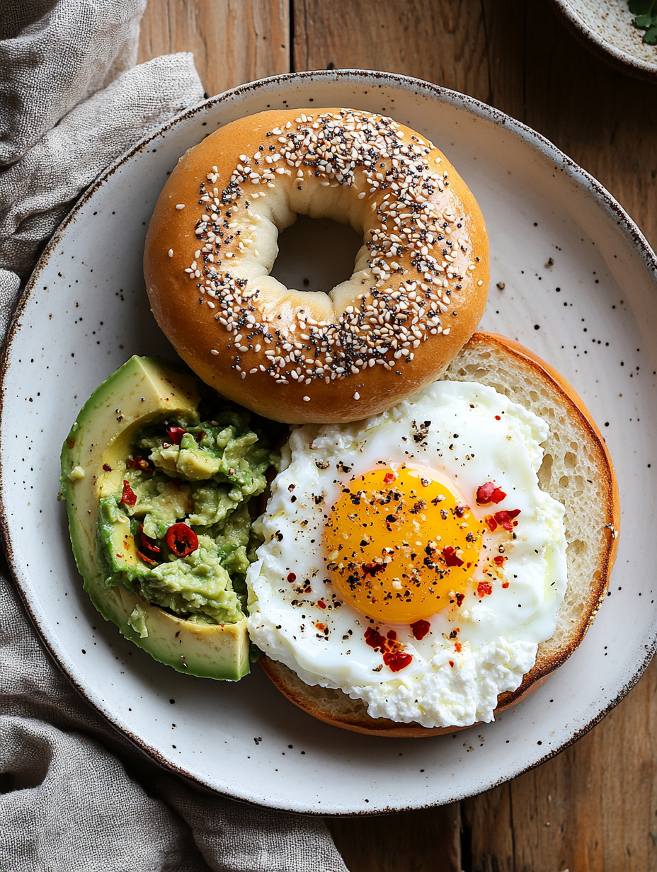 Cottage cheese bagel with one half topped and one half plain