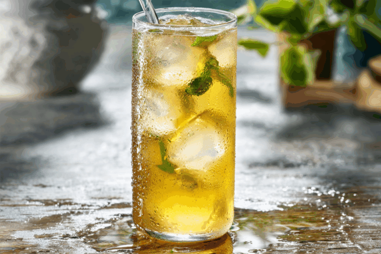 Tall glass of Green Tea Recipes Iced with mint and ice