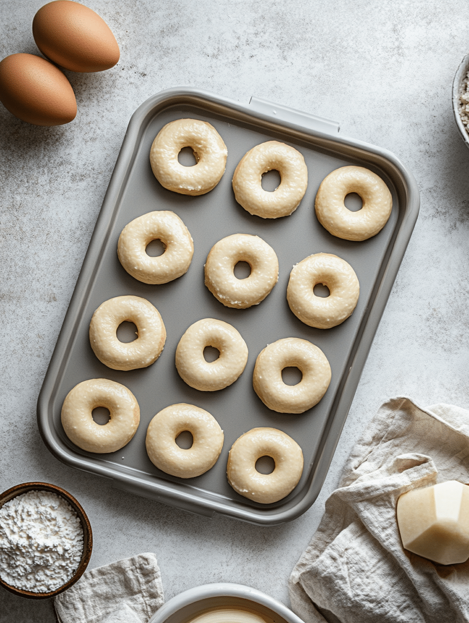 Raw cottage cheese bagel batter in donut pan before baking