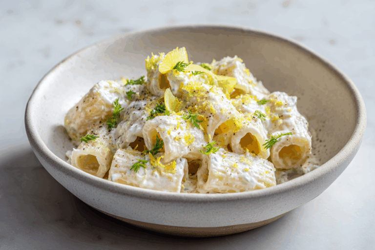 Ricotta & lemon mezzi rigatoni in ceramic bowl with lemon zest