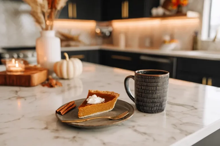 Coffee pumpkin pie on marble with fall setup