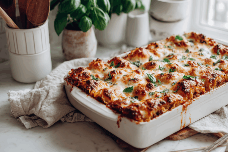 Cheesy beef lasagna rolls baked in a white dish with golden cheese