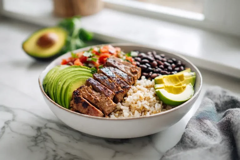 high protein California burrito bowl with grilled steak