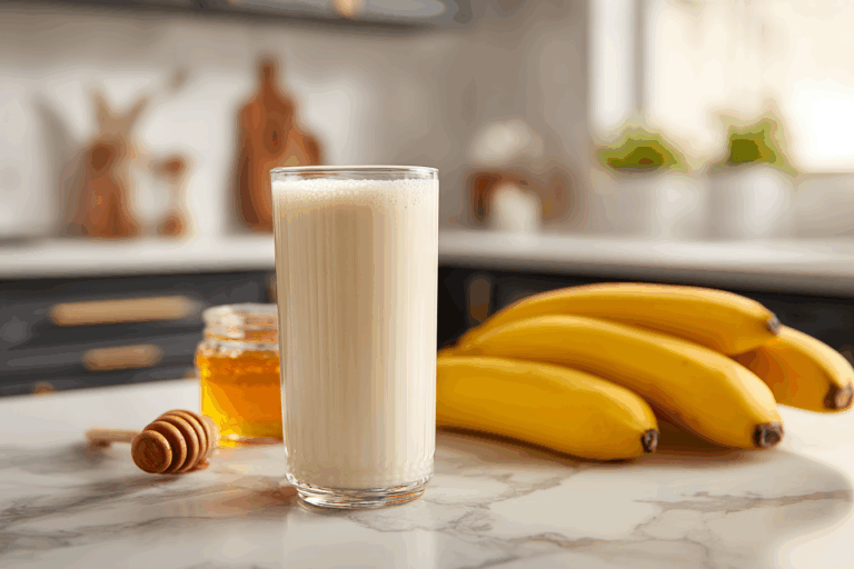 Korean banana milk in glass on marble countertop