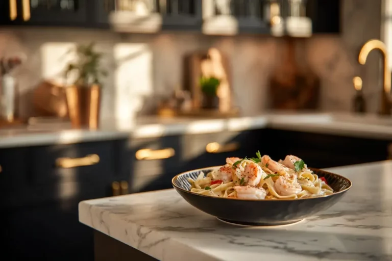 Chicken and shrimp alfredo pasta in creamy sauce on a marble countertop