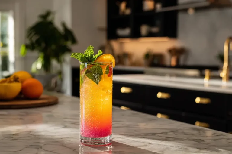 Jungle sunset layered mocktail with tropical color layers