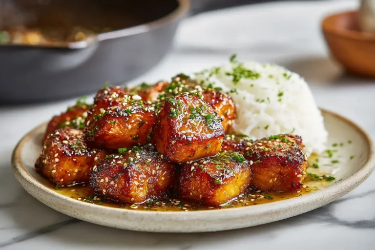 Crispy honey garlic salmon bites on ceramic plate