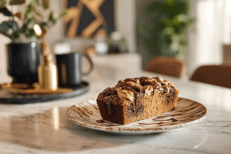 chocolate Biscoff banana bread slice on plate