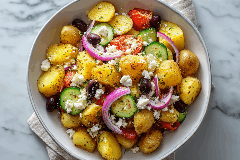 Roast potato Greek salad in white ceramic bowl