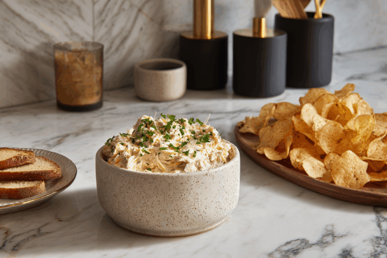 Golden onion and herb dip served with chips and toast