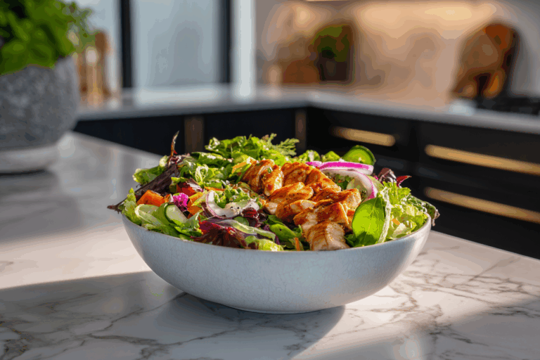 Honey barbecue chicken salad in a modern kitchen
