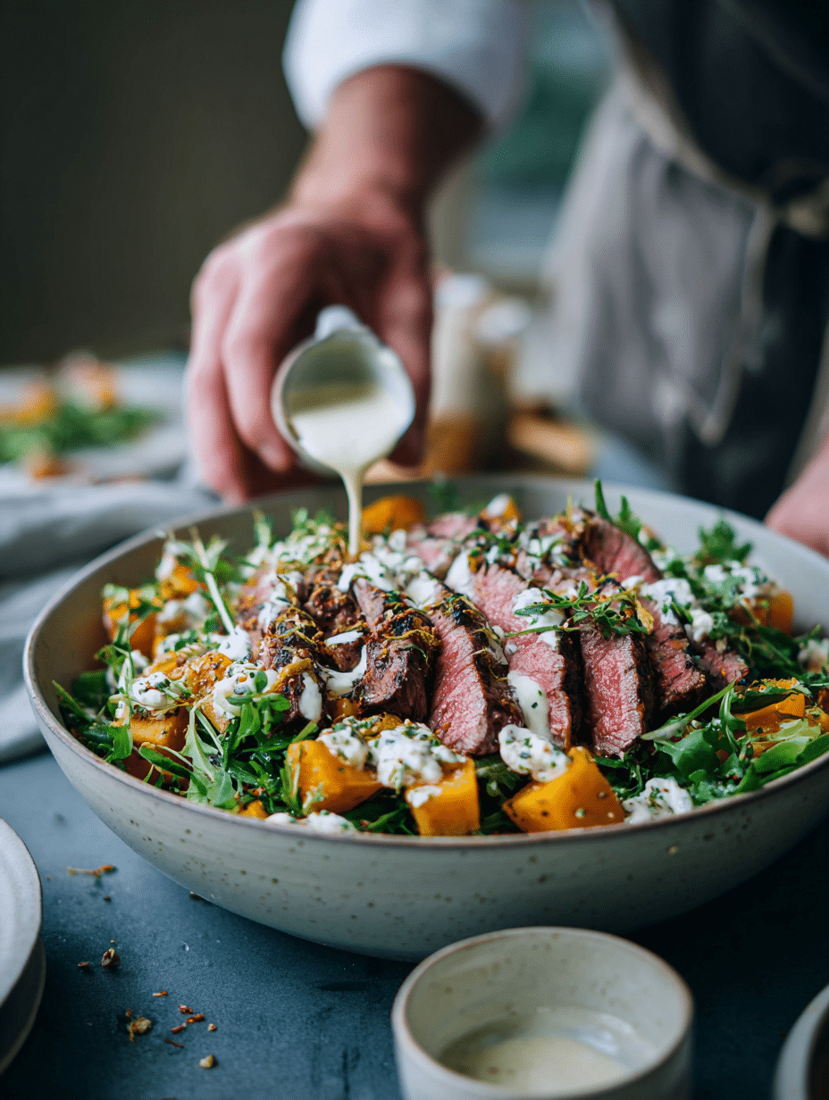 Assembling cantaloupe steak salad