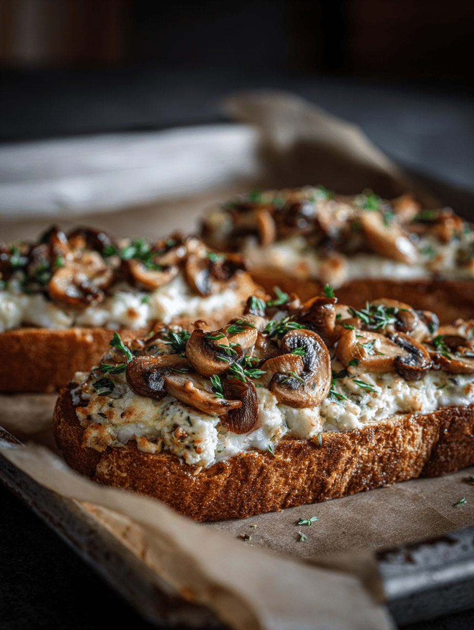  Assembled cheesy mushroom garlic toast before broiling