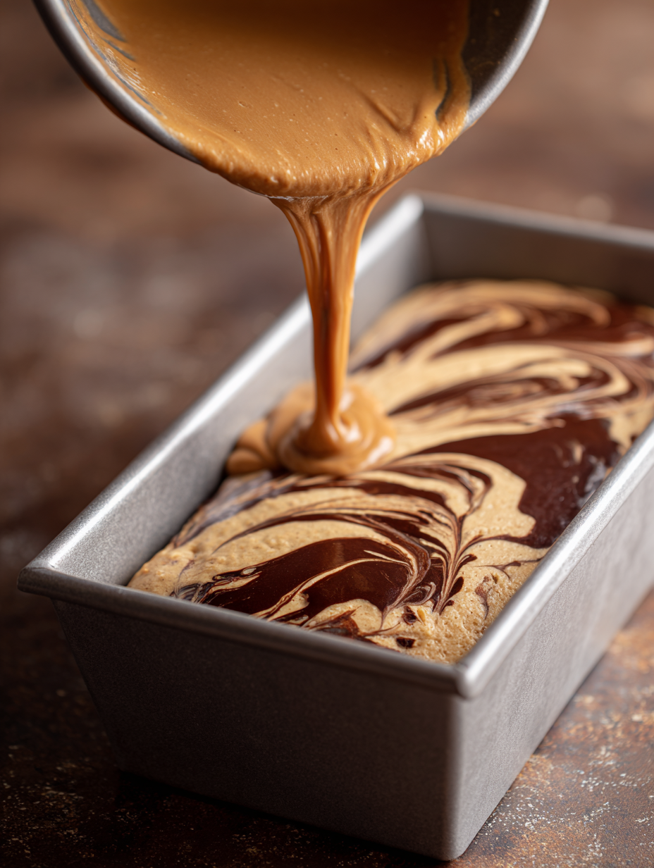 pouring chocolate Biscoff banana bread batter into pan