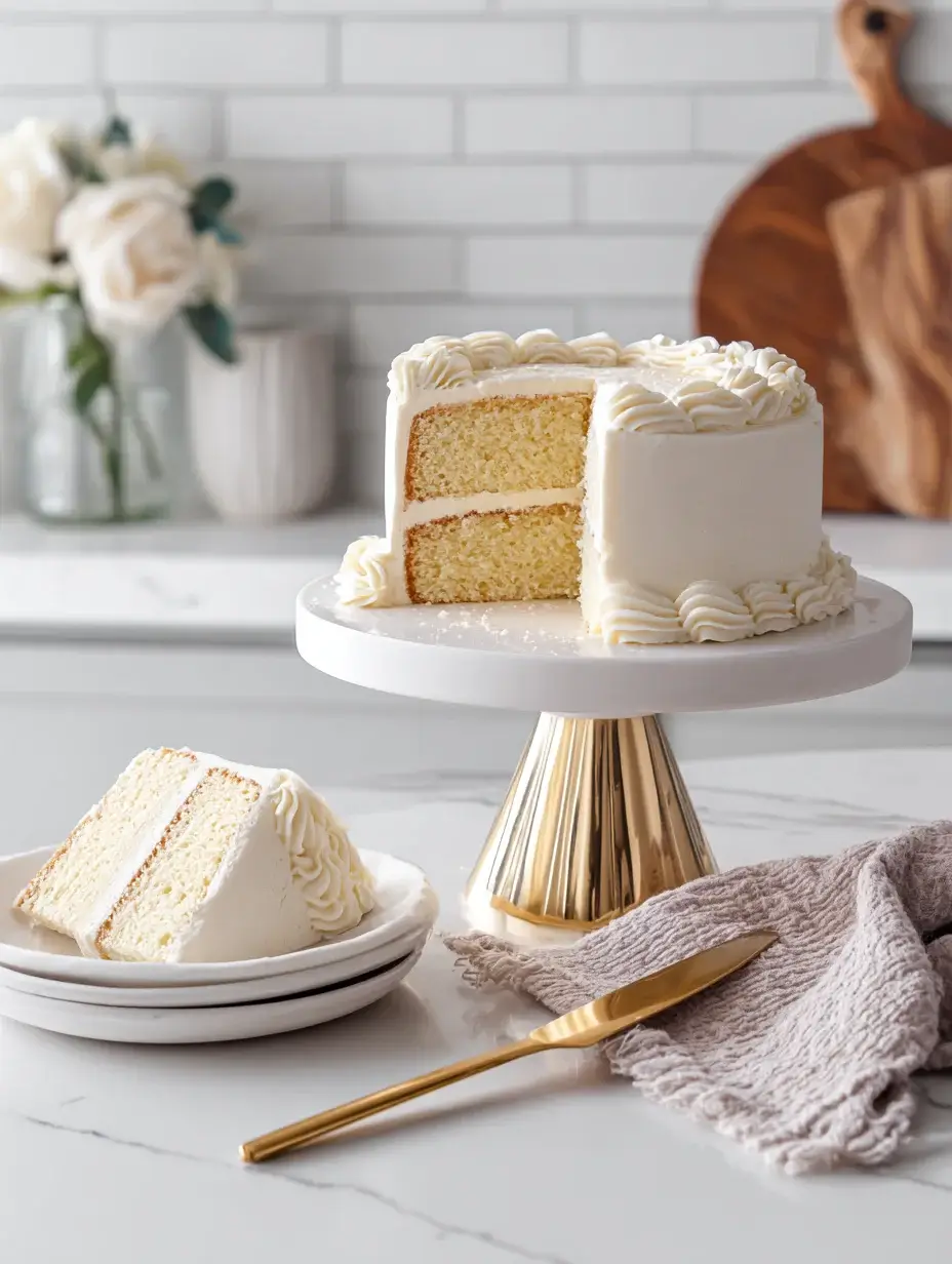 DTI vanilla cake on cake stand
