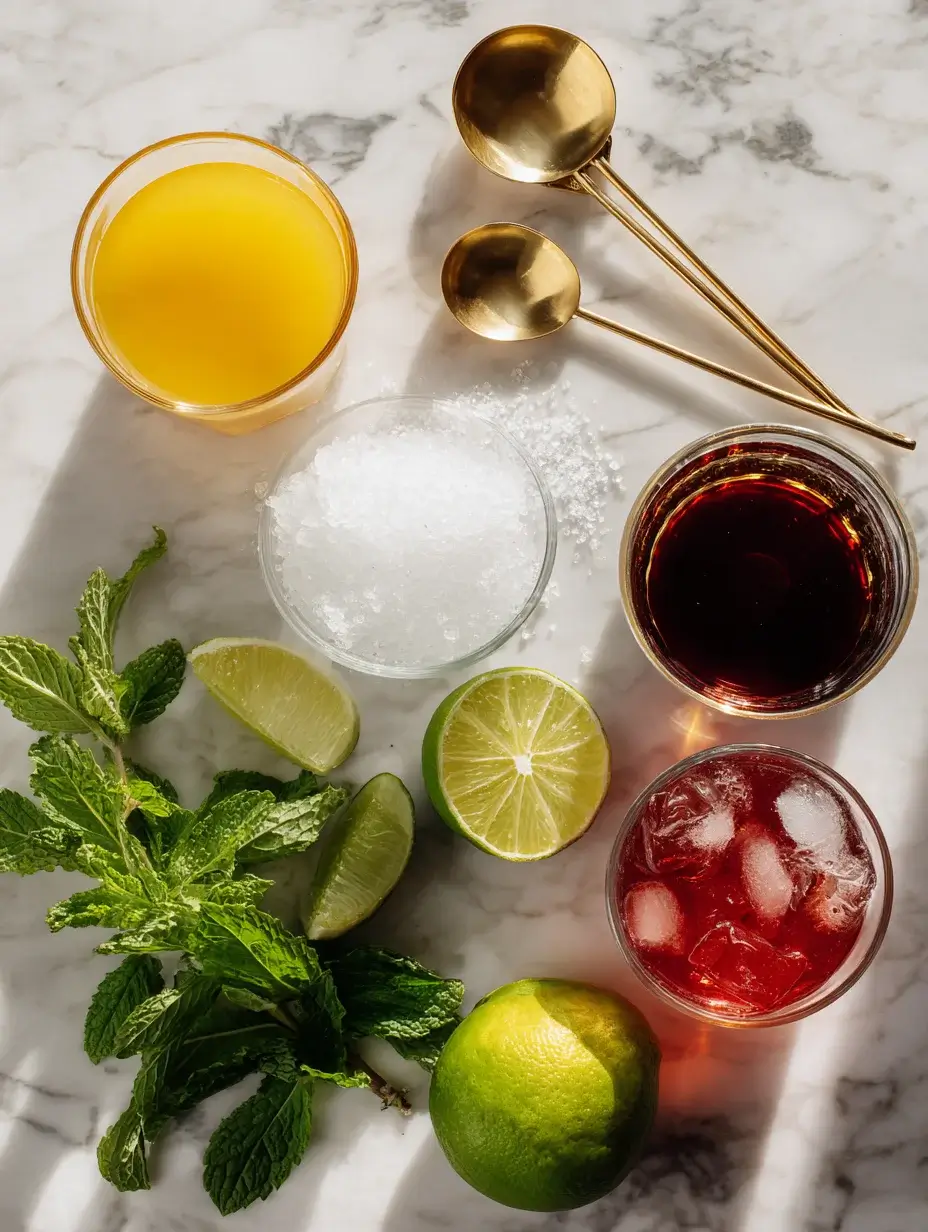 Ingredients for jungle sunset layered mocktail on marble