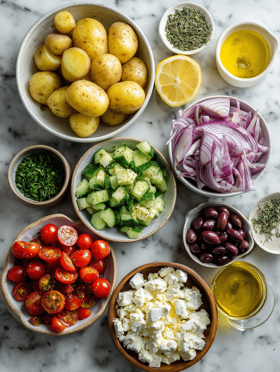 Ingredients for roast potato Greek salad