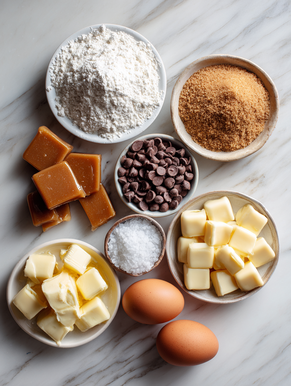 Caramel stuffed NYC cookie ingredients on marble counter