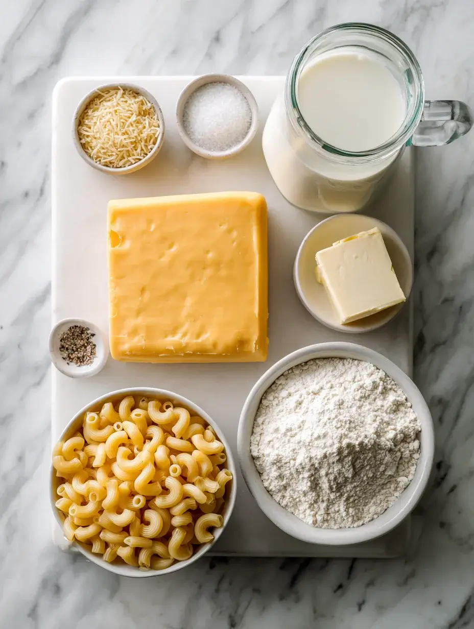 Ingredients for viral Vermont mac and cheese on marble