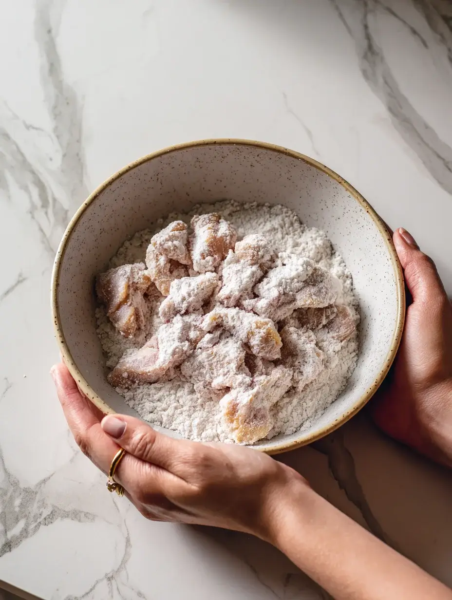 Hands holding a bowl of raw chicken pieces coated in flour on a marble countertop.