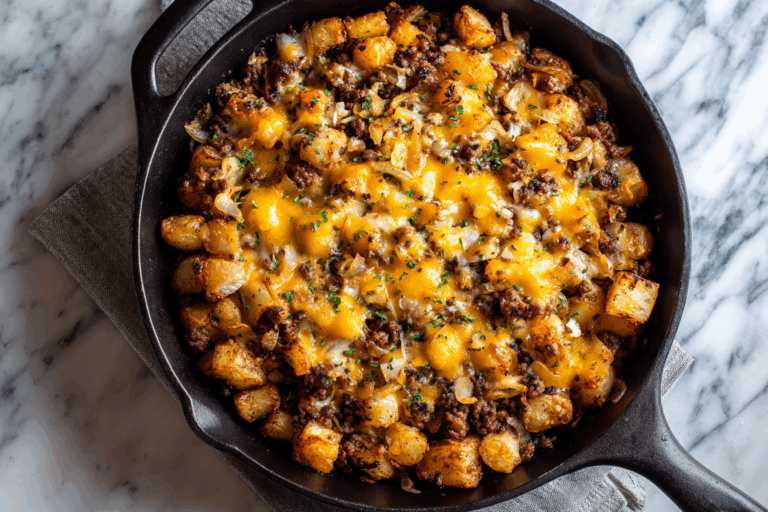 Cheeseburger potato skillet in cast iron pan