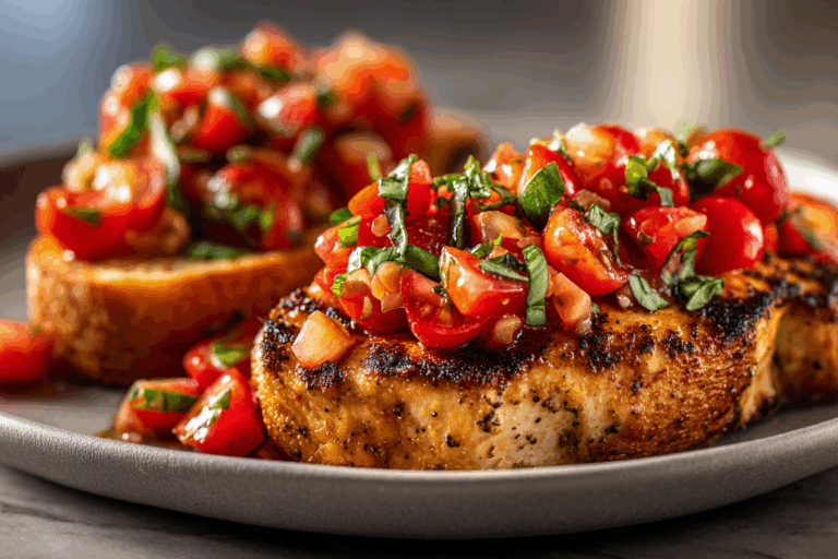 homemade bruschetta chicken served fresh with basil and tomato