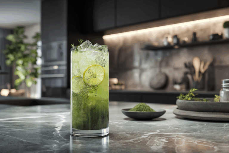 matcha chia seed lemonade in modern kitchen