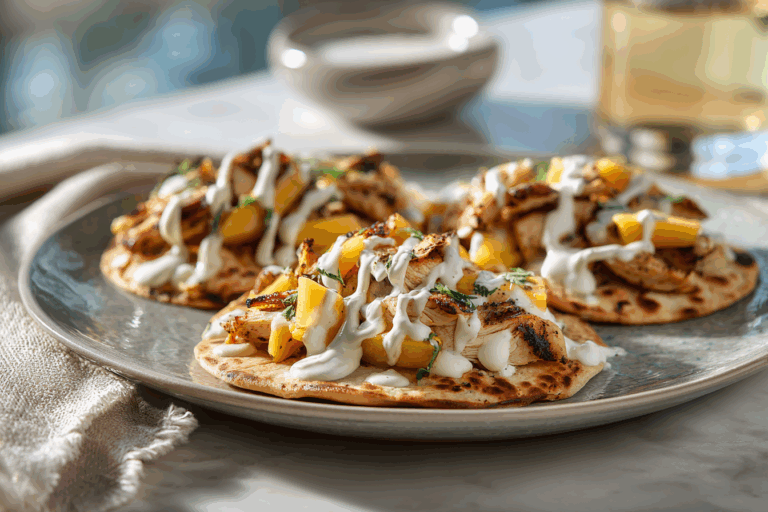 Mango chicken flatbreads with grilled spiced chicken and fresh mango