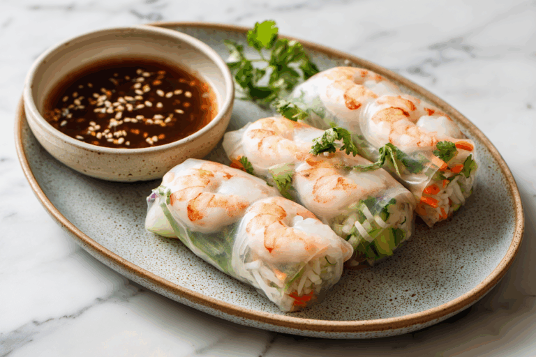 Top-down view of low cal shrimp summer rolls with dipping sauce