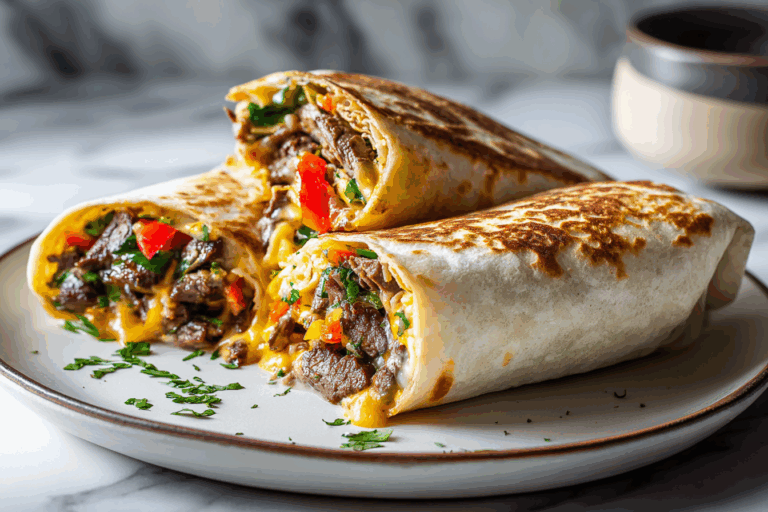 Fajita crunch wrap with Tex-Mex filling on ceramic plate