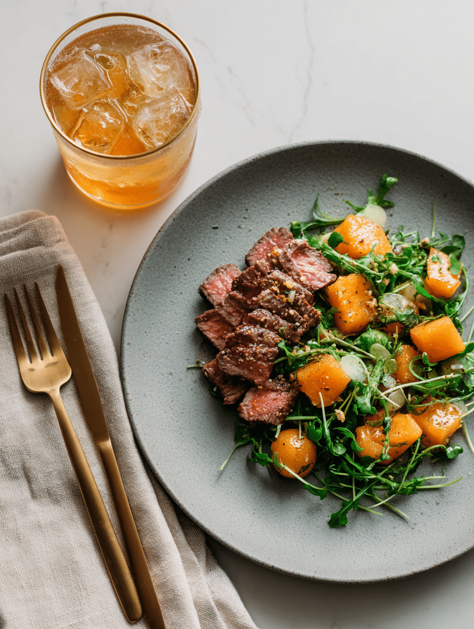  Served portion of cantaloupe steak salad