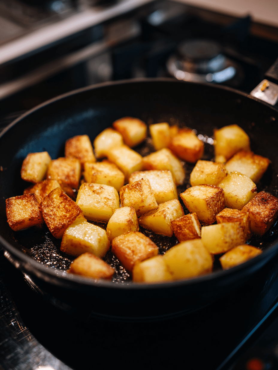 Sautéing diced potatoes in skillet
