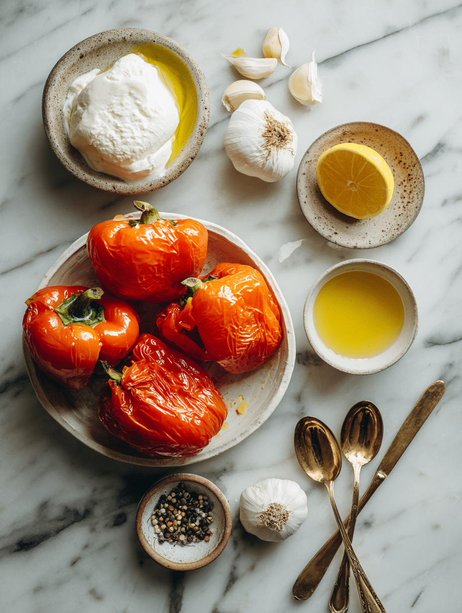 ingredients for roasted red pepper burrata dip