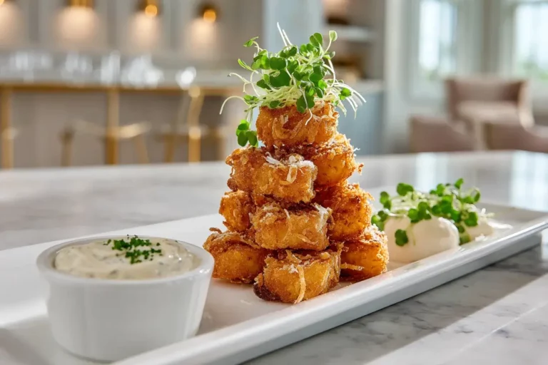 Stacked crispy Chicken Curly Fries bites with microgreens served with creamy herb aioli on a white rectangular plate.