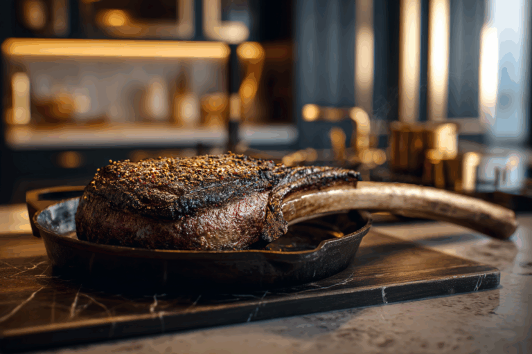 Tomahawk scorpion steak sizzling in cast-iron pan