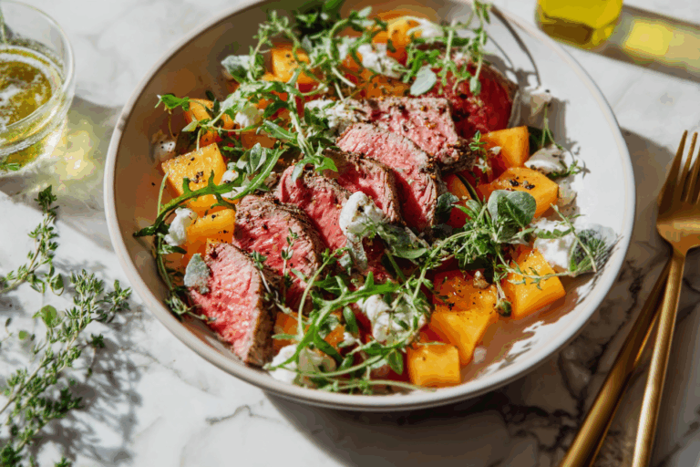 Cantaloupe steak salad recipe served in a ceramic bowl