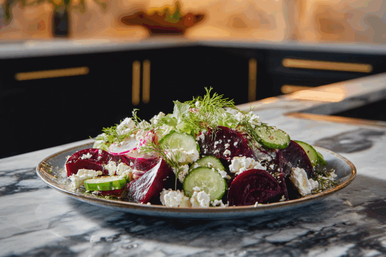 Beet salad with feta and cucumber in modern kitchen