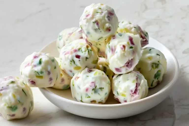 Viral cream cheese pickle bites arranged on ceramic plate