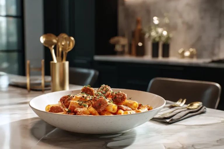 Creamy sausage rigatoni in white ceramic bowl on marble countertop