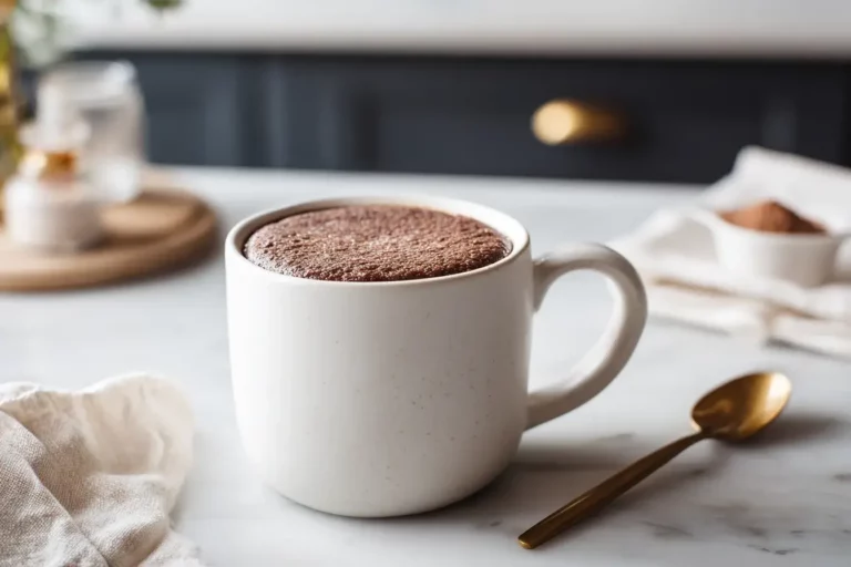Protein powder mug cake in white mug
