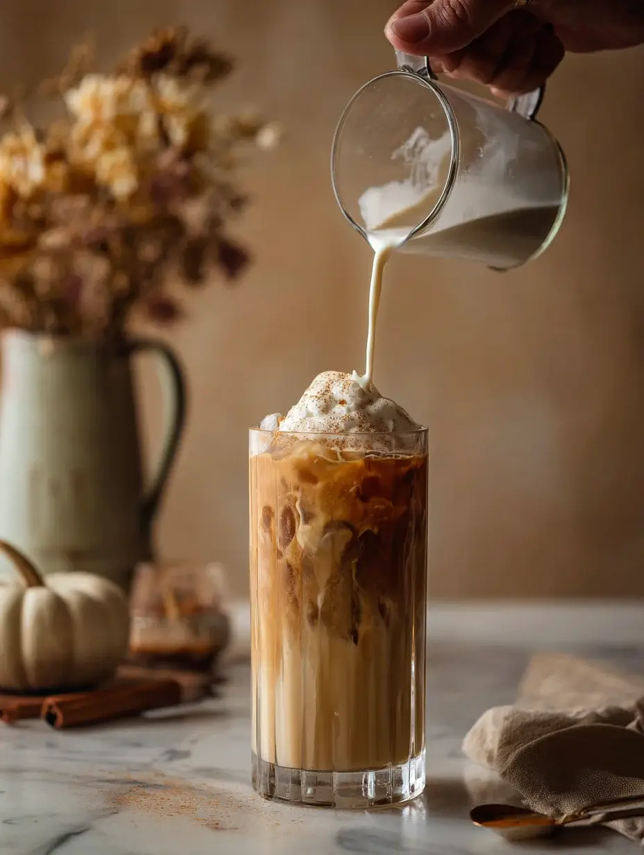 pouring pumpkin spice tres leches milk into iced coffee