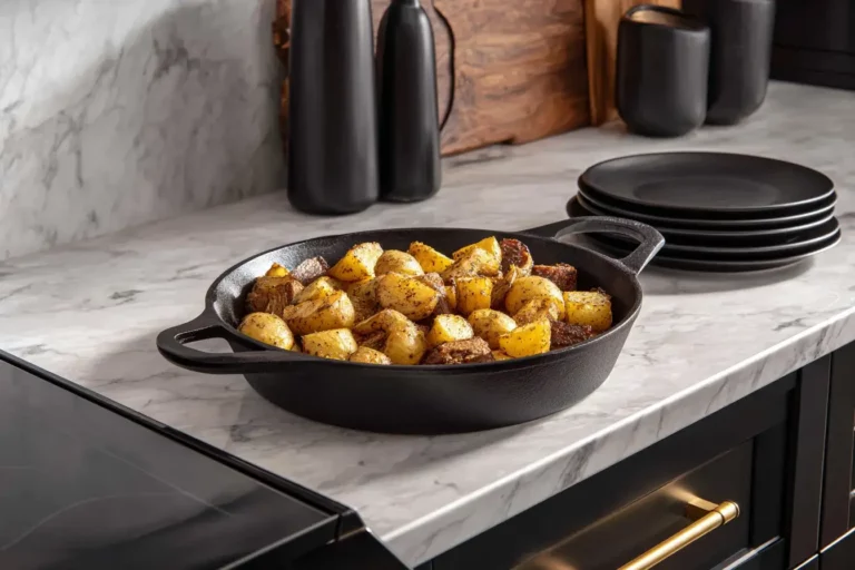 Garlic butter steak bites and potatoes in a skillet