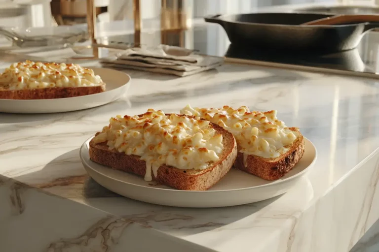 Macaroni toast on marble countertop