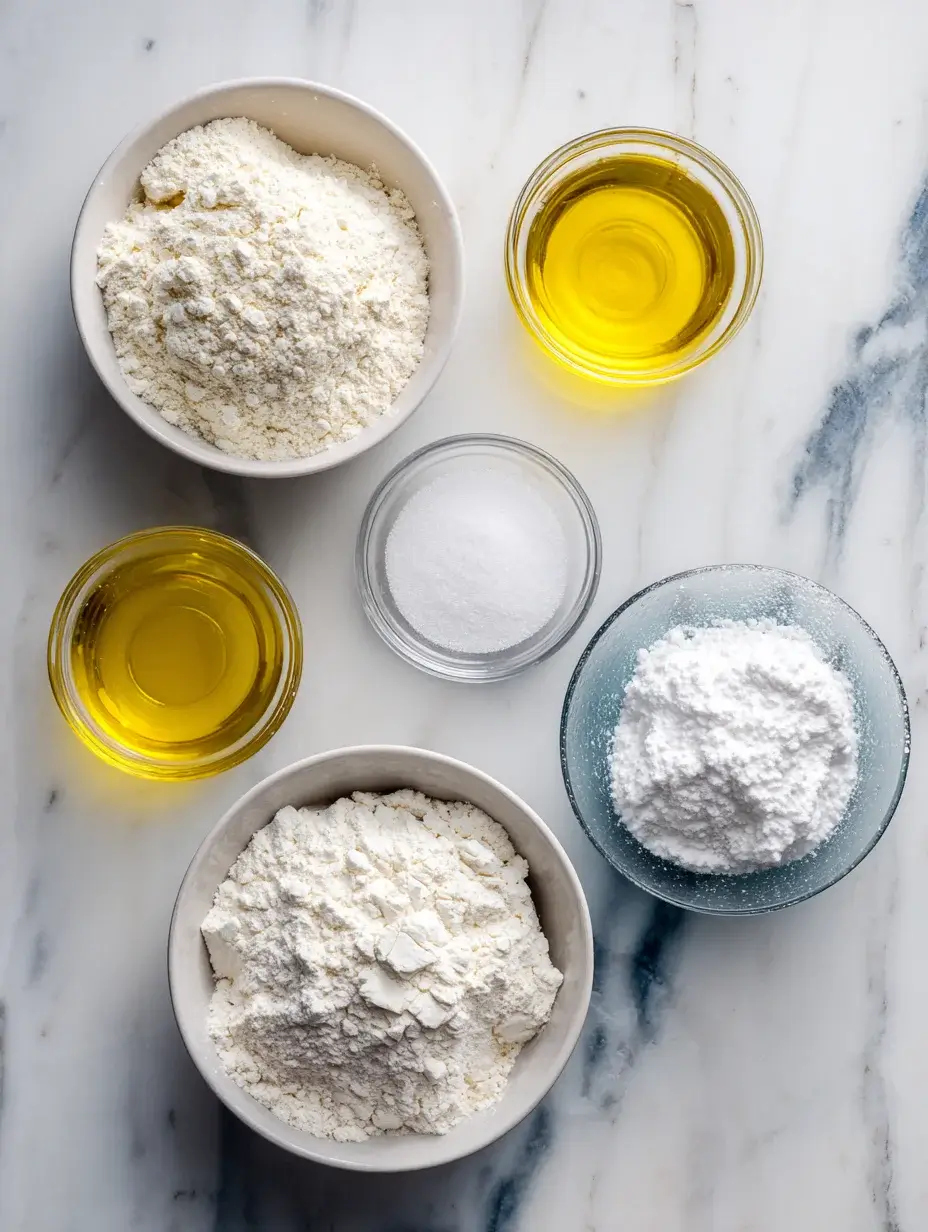 Ingredients for homemade pizza dough on marble counter