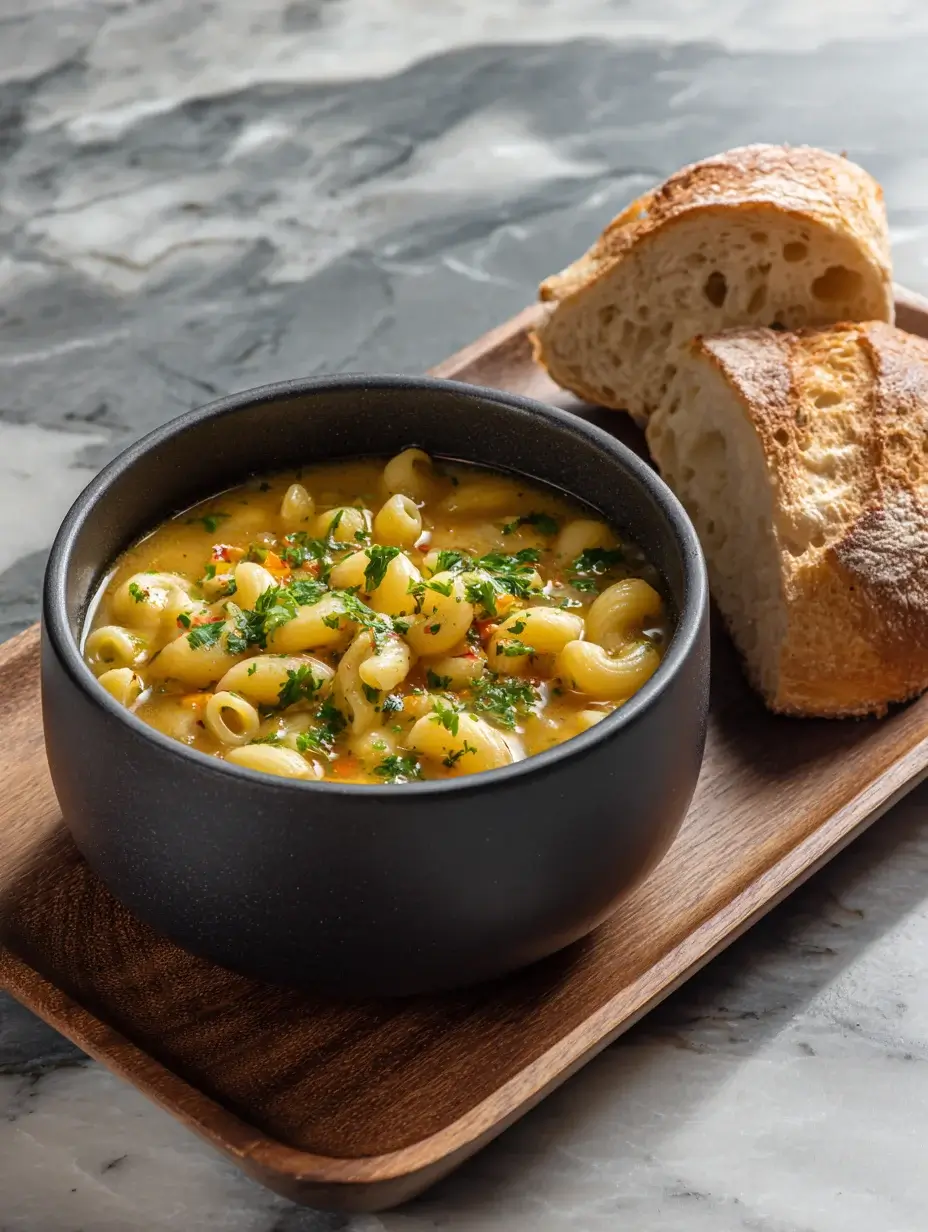 Served soup with macaroni and herbs
